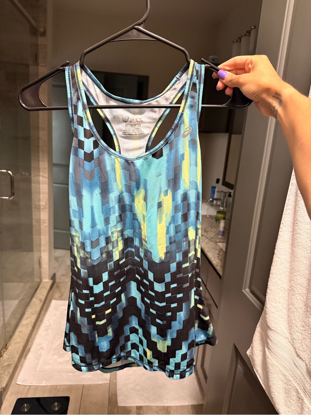 ASICS Blue and Yellow Geometric Racerback Tank